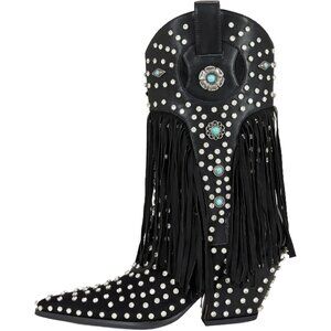 Fringe Rhinestone Embellishments Mid Calf Cowgirl Boots Turquoise Flower